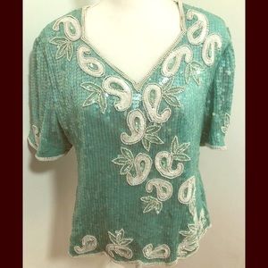 STENAY 💯 Silk Sequen Blouse Turquoise Size XL